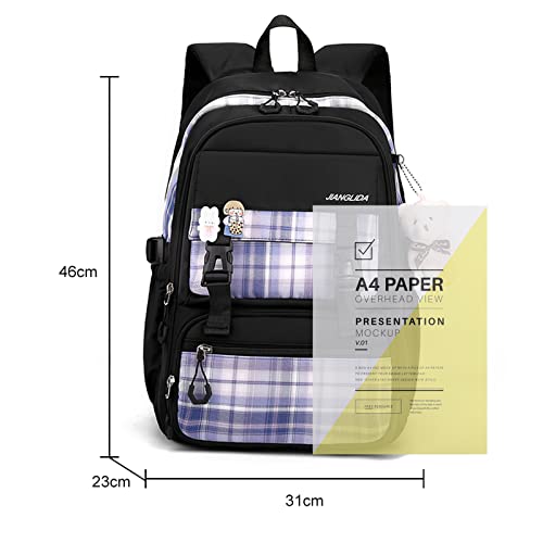 Aesthetic Backpack for School, Cute Girls Preppy Book Bag, Kawaii Large Capacity Middle School Plaid Backpack for Teenagers (Black)