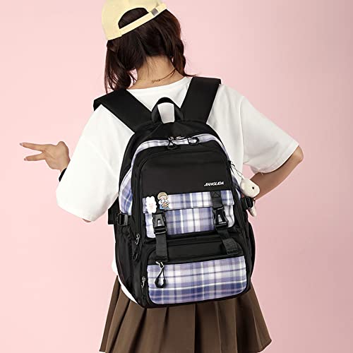 Aesthetic Backpack for School, Cute Girls Preppy Book Bag, Kawaii Large Capacity Middle School Plaid Backpack for Teenagers (Black)