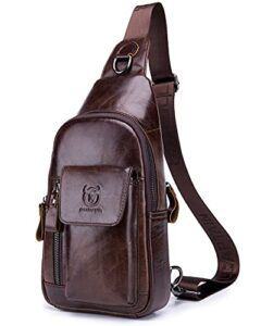 bullcaptain mens genuine leather sling crossbody bag travel casual multi-pocket chest bag hiking backpacks (brown)