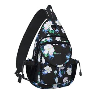 mosiso sling backpack, myrtle flower crossbody travel hiking daypack chest bag with anti-theft pocket, black