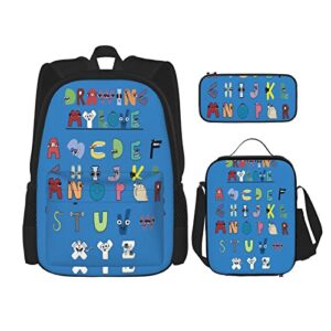 ilvtyan alphabet lore 3 piece backpack set, cartoon alphabet backpack pencil case lunch bag casual backpack combo unisex