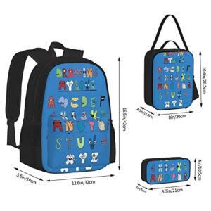 ILVTYAN Alphabet Lore 3 Piece Backpack Set, Cartoon Alphabet Backpack Pencil Case Lunch Bag Casual Backpack Combo Unisex