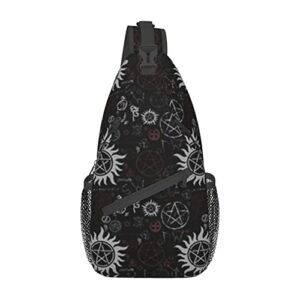 supernatural symbols black cross chest bag diagonally, crossbody shoulder bag travel hiking daypack