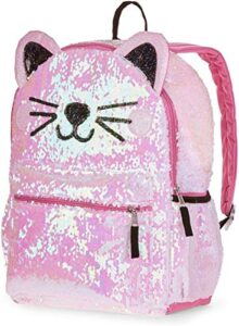 2 way sequin kitty cat backpack for girls teens ~ premium 16 kitten school bag with reversible sequins and 3d cat ears (kitty school supplies bundle)
