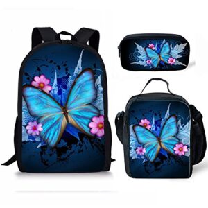 doginthehole blue butterfly printed school bag one set backpack+lunch bag+pencil bag, fashion bookbag for kids girls