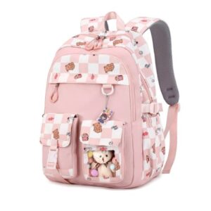 rrrwei cute backpack for school aesthetic big kawaii backpack for girls student bookbags preschool elementary (pink)