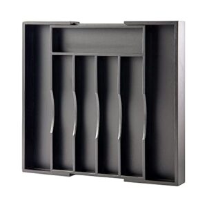oridom expandable bamboo kitchen drawer organizer for cutlery and utensils, adjustable bamboo wood cutlery tray in drawer for flatware and silverware in kitchen, 5-7 slots, (black)