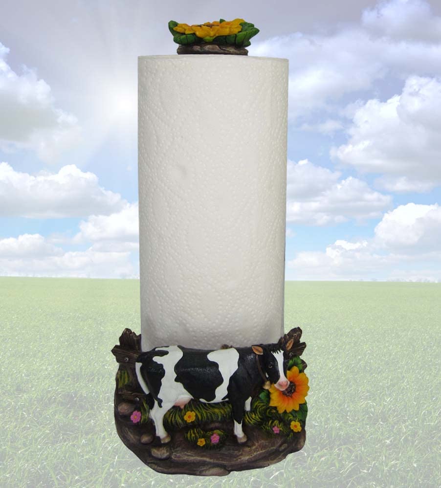 DWK Farmhouse Cow Paper Towel Holder Decorative Farm Kitchen Countertop Towel Dispenser Stand - 15"