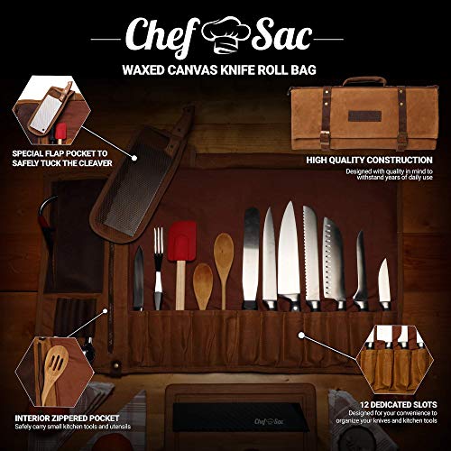 Waxed Canvas Chef Knife Roll Bag with 10-Pack Knife Guards Included