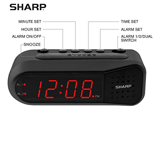 SHARP Digital Alarm Clock – Black Case with Red LEDs - Ascending Alarm Grows Increasing Louder, Gentle Wake Up Experience, Dual Alarm - Battery Back-up, Easy to Use with Simple Operation