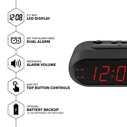 SHARP Digital Alarm Clock – Black Case with Red LEDs - Ascending Alarm Grows Increasing Louder, Gentle Wake Up Experience, Dual Alarm - Battery Back-up, Easy to Use with Simple Operation