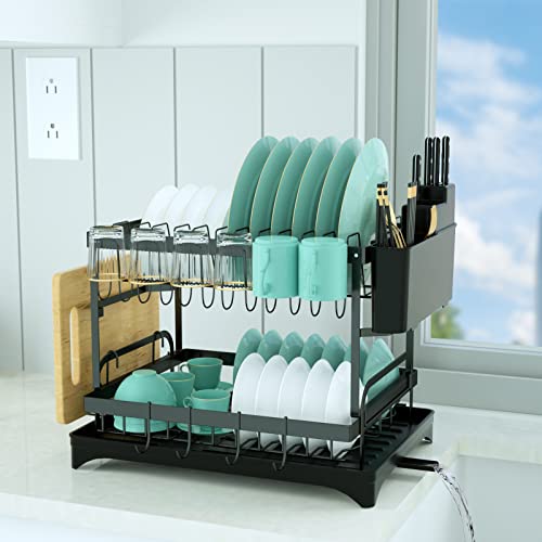 TAIJUELE Dish Drying Rack with Draining Plate, 2-Tier Rust Resistant Draining Rack for Kitchen Counter, Large Capacity Dish Organizer with Extra Drying Rack (Black)