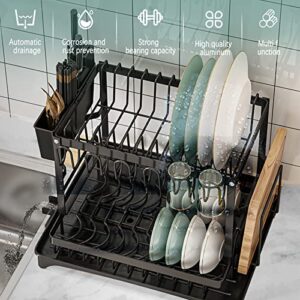 TAIJUELE Dish Drying Rack with Draining Plate, 2-Tier Rust Resistant Draining Rack for Kitchen Counter, Large Capacity Dish Organizer with Extra Drying Rack (Black)
