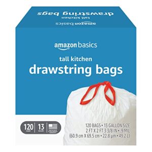 amazon basics tall kitchen drawstring trash bags, 13 gallon, 120 count (previously solimo)