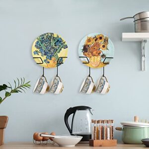 MyGift Wall Mounted Matte Black Metal Plate Display Rack with Hanging Hooks for Teacups and Mugs, Decorative Plate Holder Stand with Cup Hooks, Set of 2