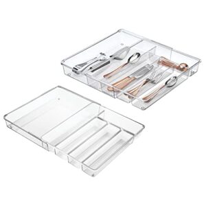 mdesign adjustable, expandable plastic kitchen cabinet drawer storage organizer tray – for storing organizing cutlery, spoons, cooking utensils, gadgets – 2 pack – clear