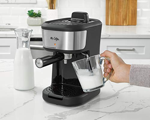 Mr. Coffee Espresso and Cappuccino Machine, Single Serve Coffee Maker with Milk Frothing Pitcher and Steam Wand, Stainless Steel