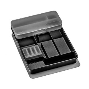 madesmart junk drawer organizer ultimate tray-carbon collection multi-purpose, portable top case & lidded bins, non-slip feet & bpa-free, large