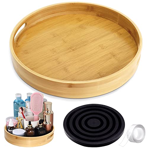 14 Inch Bamboo Lazy Susan Spice Rack Organizer Rustic Countertop Lazy Susans Kit with Turntable Base for Kitchen Bathroom Cabinet Round Serving Tray with Handles for Dining Table Fridge (14 in)