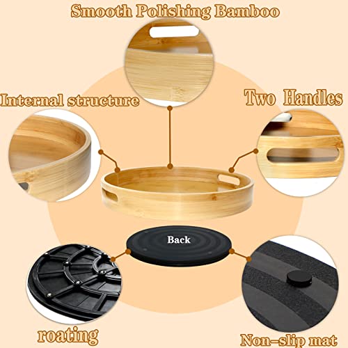 14 Inch Bamboo Lazy Susan Spice Rack Organizer Rustic Countertop Lazy Susans Kit with Turntable Base for Kitchen Bathroom Cabinet Round Serving Tray with Handles for Dining Table Fridge (14 in)