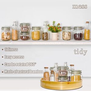 14 Inch Bamboo Lazy Susan Spice Rack Organizer Rustic Countertop Lazy Susans Kit with Turntable Base for Kitchen Bathroom Cabinet Round Serving Tray with Handles for Dining Table Fridge (14 in)