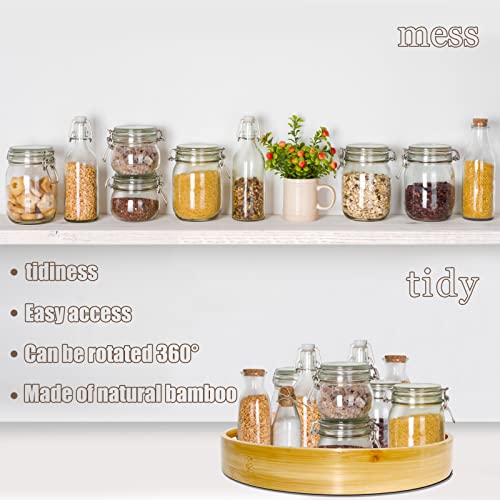 14 Inch Bamboo Lazy Susan Spice Rack Organizer Rustic Countertop Lazy Susans Kit with Turntable Base for Kitchen Bathroom Cabinet Round Serving Tray with Handles for Dining Table Fridge (14 in)