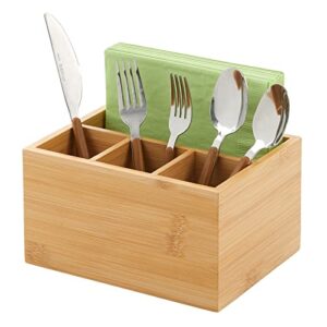 mdesign bamboo cutlery, utensil, and napkin storage organizer bin for kitchen, pantry, table and countertop – utensil caddy holds forks, knives, spoons, napkins – 4 sections – natural