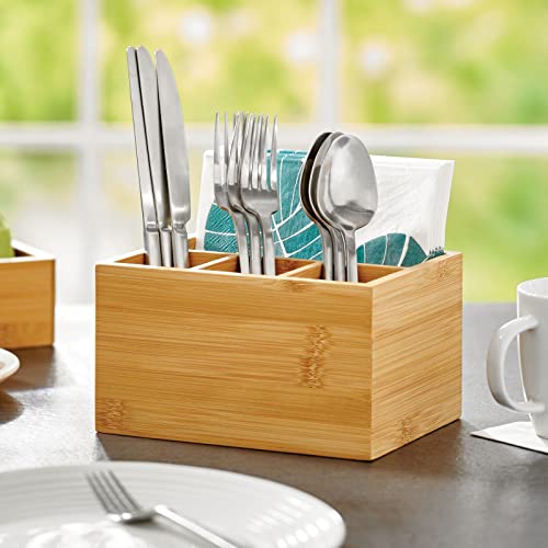 mDesign Bamboo Cutlery, Utensil, and Napkin Storage Organizer Bin for Kitchen, Pantry, Table and Countertop - Utensil Caddy Holds Forks, Knives, Spoons, Napkins - 4 Sections - Natural