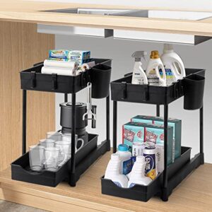 under sink organizers and storage 2 pack, pull-out sliding drawers – 2 tier bathroom organizer under sink, multi usage kitchen cabinet organizers and storage with 4 hanging cups and 8 hooks, black