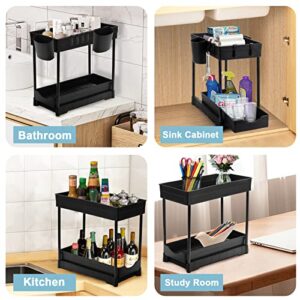 Under Sink Organizers and Storage 2 Pack, Pull-out Sliding Drawers - 2 Tier Bathroom Organizer Under Sink, Multi Usage Kitchen Cabinet Organizers and Storage with 4 Hanging Cups and 8 Hooks, Black