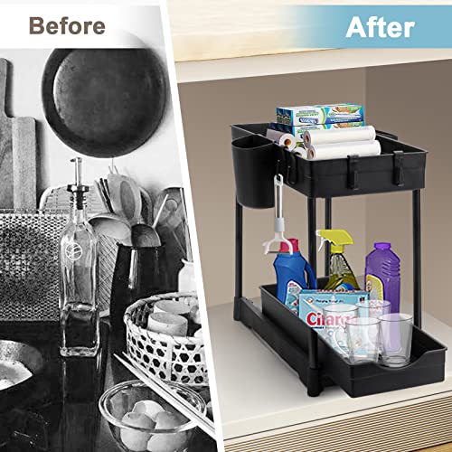 Under Sink Organizers and Storage 2 Pack, Pull-out Sliding Drawers - 2 Tier Bathroom Organizer Under Sink, Multi Usage Kitchen Cabinet Organizers and Storage with 4 Hanging Cups and 8 Hooks, Black