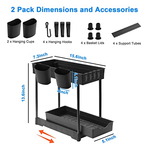 Under Sink Organizers and Storage 2 Pack, Pull-out Sliding Drawers - 2 Tier Bathroom Organizer Under Sink, Multi Usage Kitchen Cabinet Organizers and Storage with 4 Hanging Cups and 8 Hooks, Black