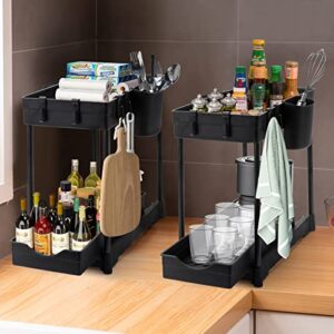 Under Sink Organizers and Storage 2 Pack, Pull-out Sliding Drawers - 2 Tier Bathroom Organizer Under Sink, Multi Usage Kitchen Cabinet Organizers and Storage with 4 Hanging Cups and 8 Hooks, Black