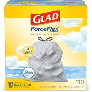 glad forceflex tall kitchen drawstring trash bags, 13 gallon grey trash bag for kitchen, fresh clean with febreze freshness and leak protection, 110 count