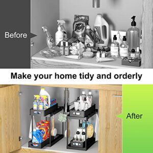 Under Sink Organizer and Storage, 2 Tier Under Sink Organizer with Sliding Pull Out Drawer for Kitchen Bathroom Cabinet Shelf Basket with 8 Hooks (2 Pack)