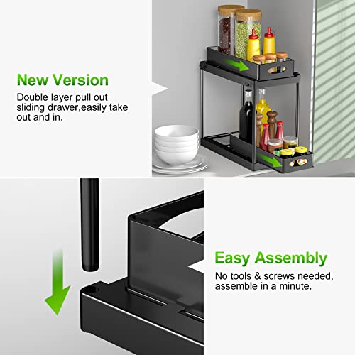 Under Sink Organizer and Storage, 2 Tier Under Sink Organizer with Sliding Pull Out Drawer for Kitchen Bathroom Cabinet Shelf Basket with 8 Hooks (2 Pack)