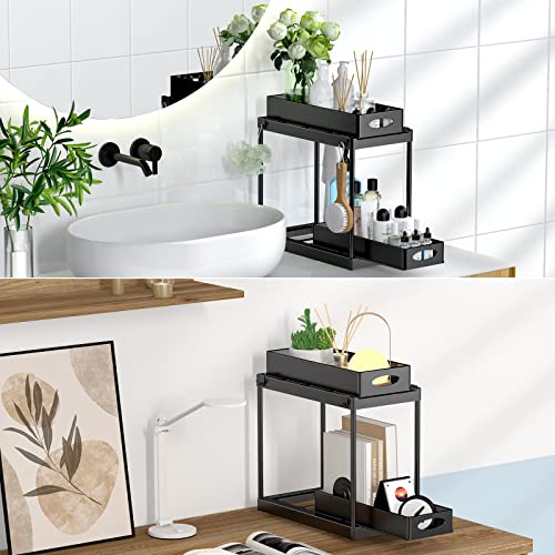 Under Sink Organizer and Storage, 2 Tier Under Sink Organizer with Sliding Pull Out Drawer for Kitchen Bathroom Cabinet Shelf Basket with 8 Hooks (2 Pack)