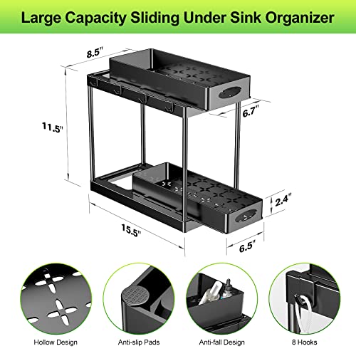 Under Sink Organizer and Storage, 2 Tier Under Sink Organizer with Sliding Pull Out Drawer for Kitchen Bathroom Cabinet Shelf Basket with 8 Hooks (2 Pack)