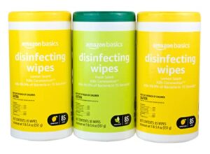 amazon basics disinfecting wipes, lemon scent & fresh scent, sanitizes/cleans/disinfects/deodorizes, 85 count: pack of 3 (previously solimo)