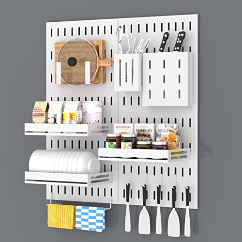 Metal Pegboard for Kitchen 4 Pcs, NaneTidy Pegboard Wall Organizer Kits and Accessories (Include 3 x Spice Racks, 5 x Hooks, 1 x Knife Holder, 1 x Utensil Holder, 1 x U-Rack, 1 x Towel Rack), White