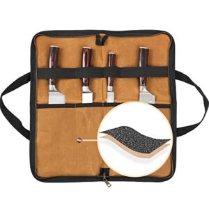 chef knife case, 4 slots portable knife roll with handle, heavy duty 16oz waxed cavas, knife holder with professional cut-resistant fabric lining, khaki