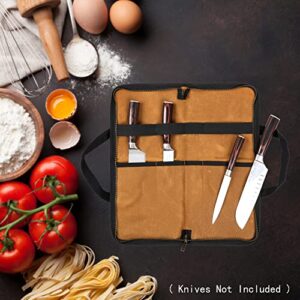 Chef Knife Case, 4 Slots Portable Knife Roll with Handle, Heavy Duty 16oz Waxed Cavas, Knife Holder with Professional Cut-Resistant Fabric Lining, Khaki