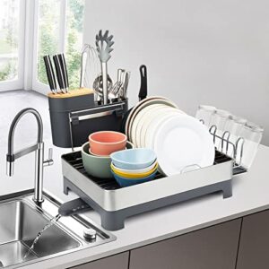 litenezz dish drying rack, stainless steel dish rack drainers for kitchen counter with 360° swivel spout and drainboard, fingerprint-proof dish drainers with utensil holder, kitchen sink organizer