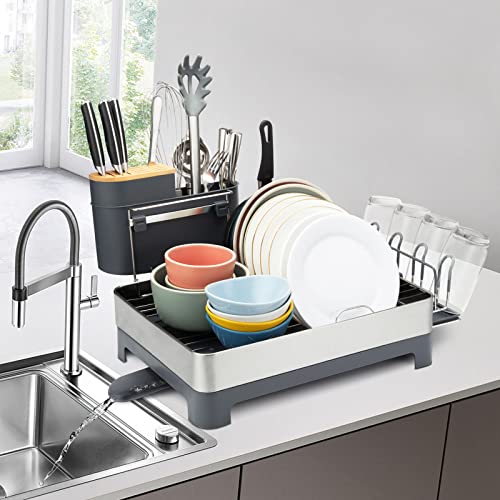 LITENEZZ Dish Drying Rack, Stainless Steel Dish Rack Drainers for Kitchen Counter with 360° Swivel Spout and Drainboard, Fingerprint-Proof Dish Drainers with Utensil Holder, Kitchen Sink Organizer