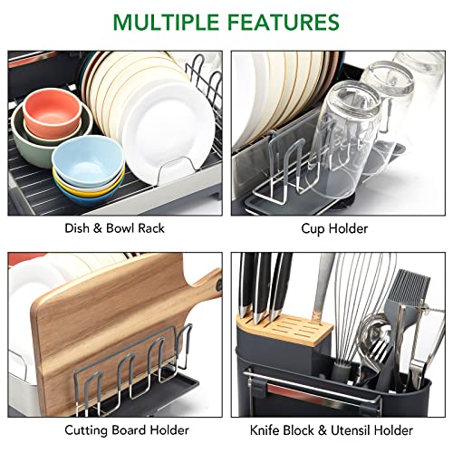 LITENEZZ Dish Drying Rack, Stainless Steel Dish Rack Drainers for Kitchen Counter with 360° Swivel Spout and Drainboard, Fingerprint-Proof Dish Drainers with Utensil Holder, Kitchen Sink Organizer