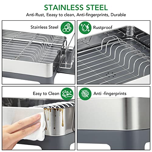LITENEZZ Dish Drying Rack, Stainless Steel Dish Rack Drainers for Kitchen Counter with 360° Swivel Spout and Drainboard, Fingerprint-Proof Dish Drainers with Utensil Holder, Kitchen Sink Organizer