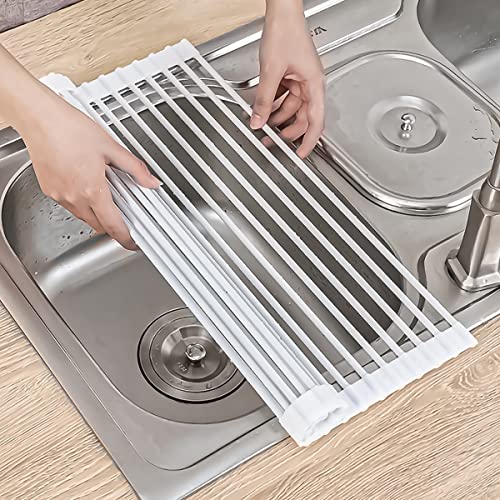 H S T Over The Sink Dish Drying Rack for Kitchen - 17" x 13" Heavy Duty Silicone Wrapped Steel Rods Over Sink Dish Drying Rack - Multipurpose Roll Up Sink Drying Rack - White