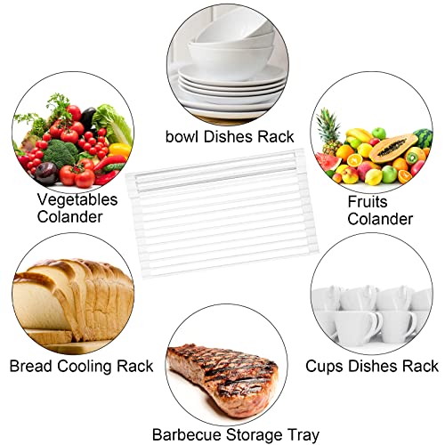 H S T Over The Sink Dish Drying Rack for Kitchen - 17" x 13" Heavy Duty Silicone Wrapped Steel Rods Over Sink Dish Drying Rack - Multipurpose Roll Up Sink Drying Rack - White