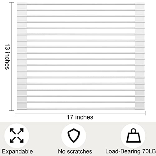 H S T Over The Sink Dish Drying Rack for Kitchen - 17" x 13" Heavy Duty Silicone Wrapped Steel Rods Over Sink Dish Drying Rack - Multipurpose Roll Up Sink Drying Rack - White