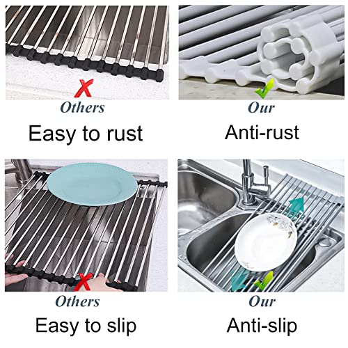 H S T Over The Sink Dish Drying Rack for Kitchen - 17" x 13" Heavy Duty Silicone Wrapped Steel Rods Over Sink Dish Drying Rack - Multipurpose Roll Up Sink Drying Rack - White